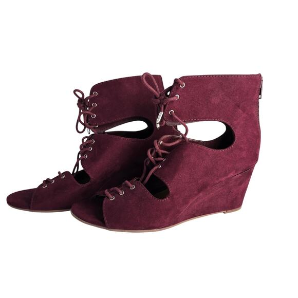 Dolcetta Maroon Faux Suede Open Toed Wedges with Laces Size 7.5 - Picture 1 of 6